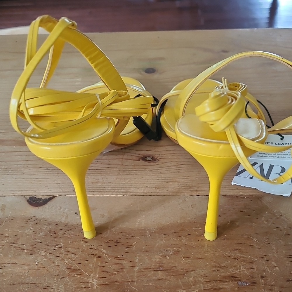 Zara Fresh Canary Yellow Strappy Sandal Lace Up Heels Size 37 - Bundle Discount - Picture 6 of 7